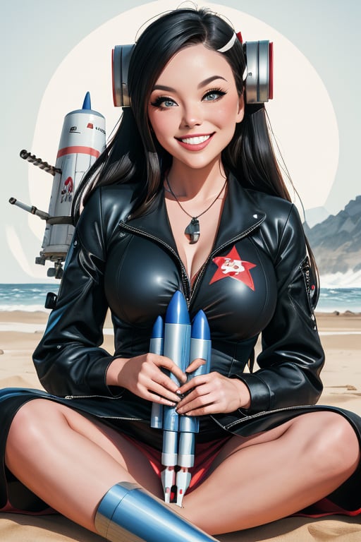 cartoon caricature doll woman lounging on beach holding large futuristic rocket launcher, wacky grin, atomic explosion in background



