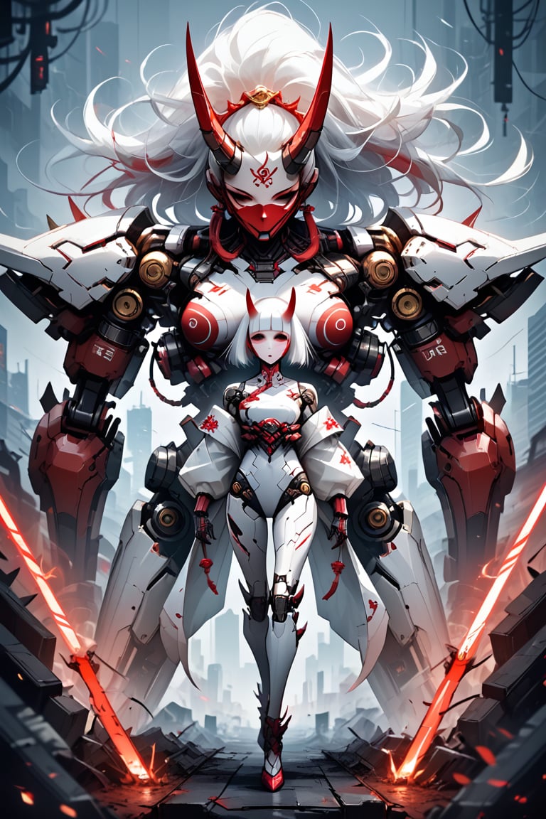 full body albino woman oni samurai mecha  ,  mask, white hair, robot, science fiction, android, cyborg, robot joints, cyberpunk, mechanical parts, mask, blunt bangs, oni, horns, metallic, spikes, black and gold and red, background city of neon tokio 
