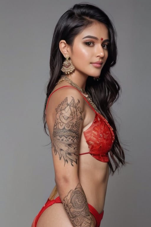 1girl indian  solo, looking at viewer, simple background, long  hair, hair ornament, background, indian style, arm tattoo, back tattoo, full-body tattoo ct-eujiiin