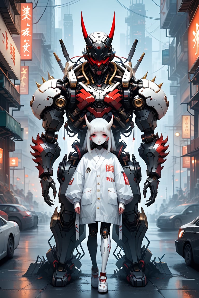 full body albino woman , cute, mask, white hair, robot, science fiction, android, cyborg, robot joints, cyberpunk, mechanical parts, mask, blunt bangs, oni, horns, metallic, spikes, black and gold and red, background city of neon tokio 
