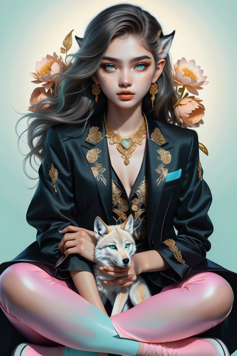 Hyper-realistic, highly detailed,1 wolf in tuxedo , in mint and peach, detailed skins,Realistic Blue Eyes,, backgroun atardecer en la ciudad Aries zodiac sign girl with golden horns and glowing eyes, surrounded in the style of gold flowers, fantasy art style, anime illustration, dark background, yellow light shining on her face, high resolution, high quality