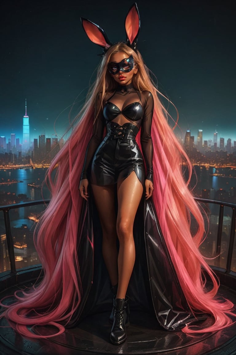 Full Body, wide shot of a demon young couple with cool street wear, a beautiful white woman and a beautiful man with white on a roof top of a sky scraper, background futuristic manhattan skyline with neon vibes, amazing, magical view, studio light, low angle,ultra realistic, cinematicShe wears a shiny, black bunny mask that contrasts sharply with her voluminous outfit. The lighting highlights her glossy black corset, adding to the edgy and fashion-forward vibe of the shoot. Her long hair flows effortlessly, framing her face as she strikes a powerful pose. The overall scene mixes high fashion with playful, almost surreal elements, blending cutting-edge style with bold artistic expression.