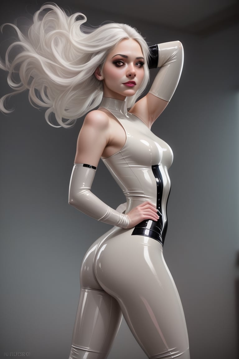 latex clothes , white skin, white hair, make up dark, fashiin on style ,realistic