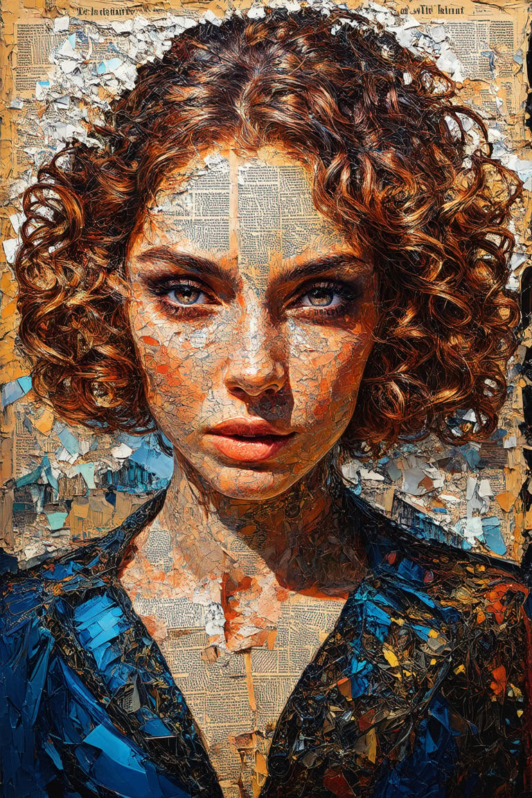 a beautiful female model, a beautiful young cyborg, The artwork masterfully combines abstract layers of multidimensional newspaper and glossy magazine textures, creating depth and dimension. The woman's mysterious gaze invites viewers to contemplate her identity and emotions. The intricate details and expert blending of textures, contrasting the fragmented paper pieces with the smooth canvas background, make this piece a truly unique and mesmerizing conceptual art painting.