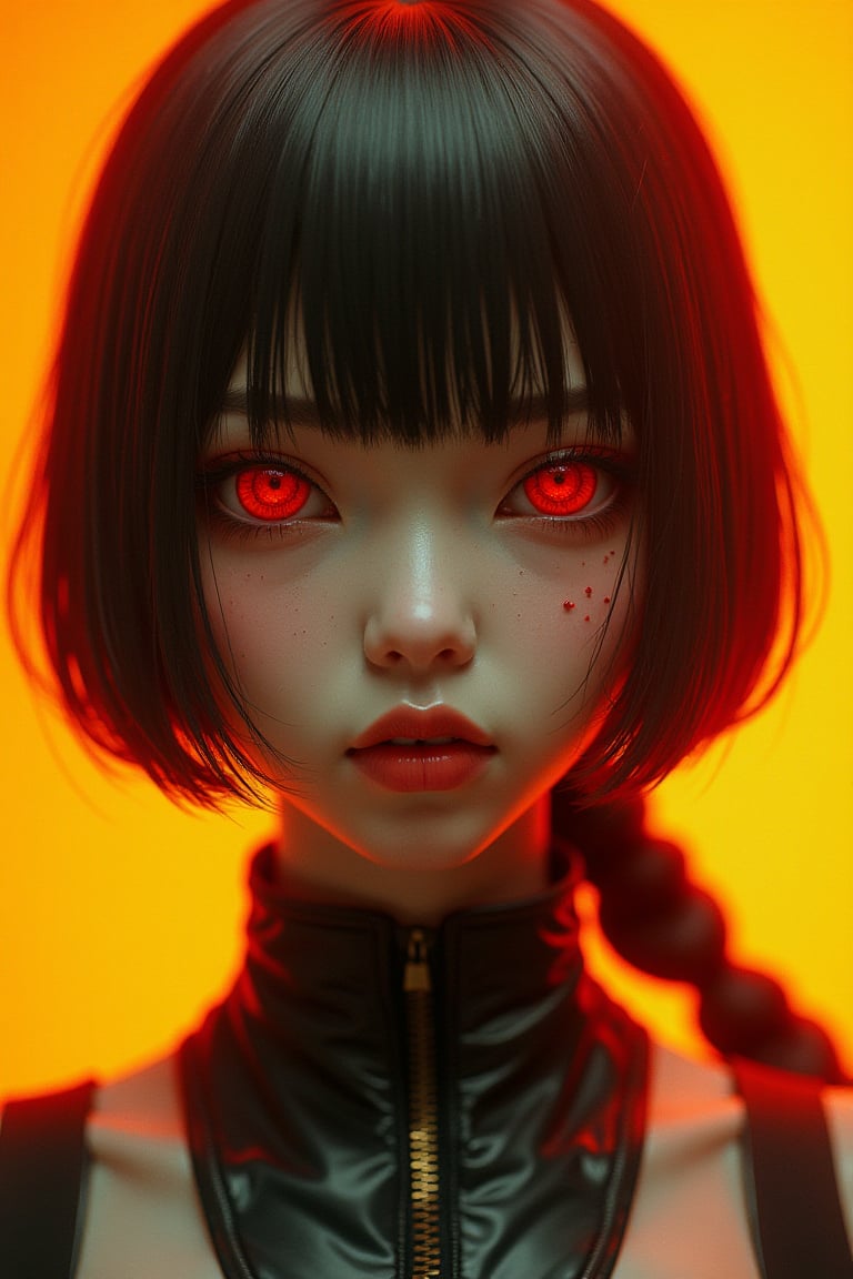 A realistic 
YoRHa No.2 Type B, NieR: Automata close-up, 3D picture texture, all in yellow and red , vintage