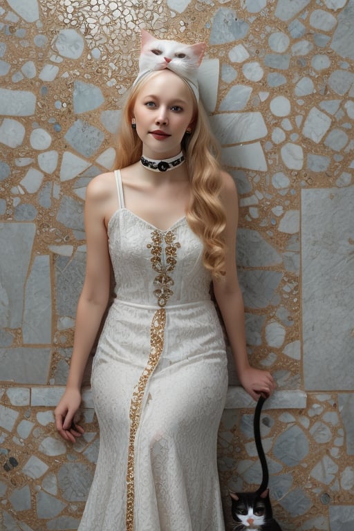 1 albino woman , solo, long hair, smile, blue eyes,gothic clothes and  jewelry, closed mouth, white hair, earrings, choker, lips, animal, black choker, cat, looking up, portrait, freckles, on head, animal on head, cat on head
