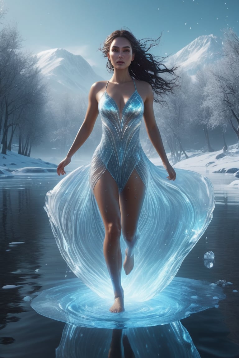 hiper realista, render 2d, 8k, full body pure water, transparent glow , has a shape of a glow  transparent woman , illuminating light, feeling alive, running, powerful body movement, winter lake view, crystal clear ice luminicent , icy storm scenery   Fantastic , more detail XL,creating an otherworldly glow,LegendDarkFantasy,s0ftp1nk