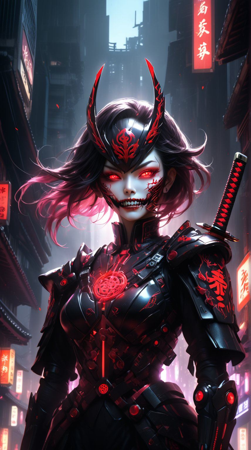 Create a woman supervillain character inspired by Japan. This villain should wear a menacing, high-tech samurai armor, blending traditional elements with modern technology. The armor is sleek and dark, adorned with glowing red accents and intricate designs. The villain's mask features a fearsome expression, with sharp teeth and glowing red eyes, exuding an aura of intimidation. They wield a robotic katana with an energy blade that crackles with power. Surround the villain with a dystopian cityscape, combining neon-lit skyscrapers and shadowy traditional Japanese architecture. Mist and shadows envelop the scene, enhancing the ominous atmosphere, while cherry blossoms fall gently in the background, contrasting the dark theme with a touch of delicate beauty." ensuring a richly textured and visually striking image. touch of red neon in ahe 