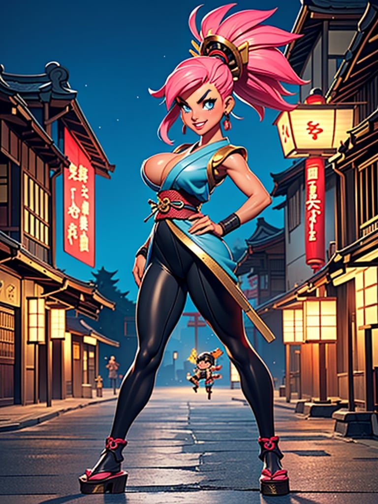 {(1woman)}, {((wearing black Japanese warrior costume with golden parts, extremely short, tight on the body and very transparent, almost invisible)}, {((very short pink mohawk style, sparkling blue eyes))}, {((extremely large breasts))}, {((she's doing a sexual pose with her body, leaning on something, looking at the viewer, smiling)}, {((in an ancient Japanese samurai city, it's daytime, multiple people are in the town square)), (((full body))), super metroid, 16k, Better quality, better resolution, better detail,chibi style ,chibi,3DMM