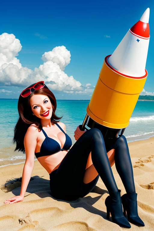 cartoon caricature doll woman lounging on beach holding large futuristic rocket launcher, wacky grin, atomic explosion in background


