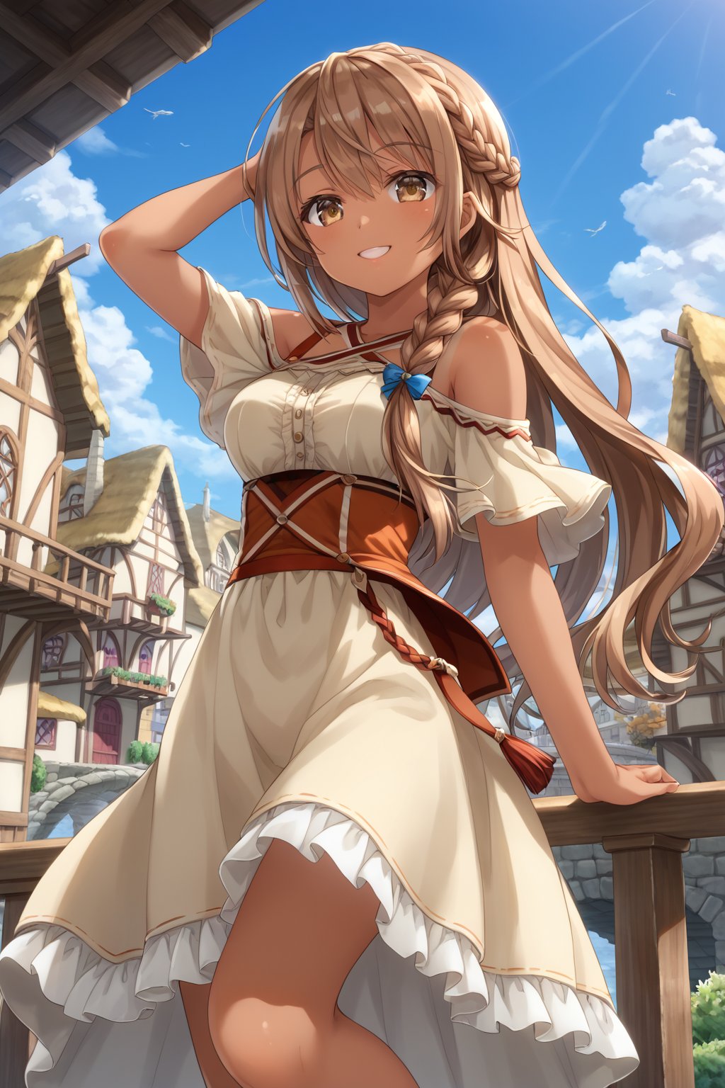 A woman, beautiful, 23 years old, village, bridge, hand on railing, wind, hair flying, hand stroking hair, cheerful, slight smile, /(bottom focus, focus from below, right profile,), /(copper hair, extremely long hair, topknot, right side braid, braid over shoulder, tanned skin, hazel eyes, light eyes,),