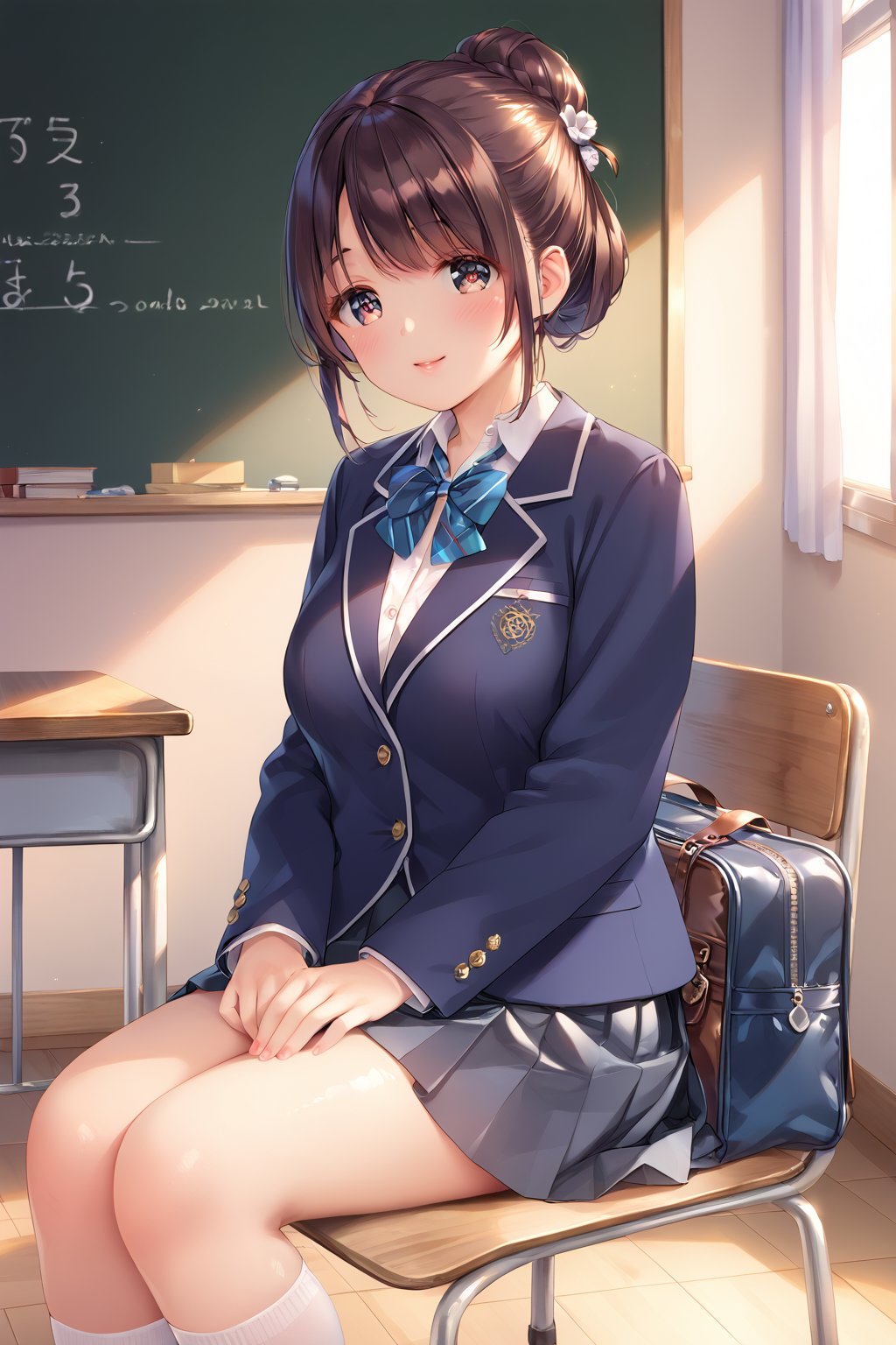 Student, high school, female, 17 years old, mature, beautiful, school uniform, bag in hands, bun, bun hair, long hair, silky hair, neat hair, light hair, ponytail, beautiful, fair skin, ((proportionate body;)), ((perfect body,)), ((fine features,)), ((detailed face,)), ((perfect skin,)), ((almond-shaped eyes,)), ((perfect eyes,)), classroom, chair, sitting, crossing her legs,