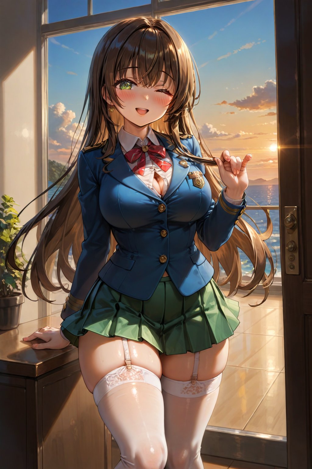 In a private school for women, a beautiful female student, in the dormitory, in her room, with her back to the door, stroking her hair with her fingers, winking, blushing, looking at the viewer, slightly hunched back, simple decoration, feminine atmosphere, sunset, sunlight penetrating through the window, /(extremely long straight hair, almond-shaped eyes, proportionate body, hourglass-shaped athletic body, big chest, shapely legs, medium waist, medium hips, perfect hands, perfect face, perfect eyes, perfect feet, perfect fingers, perfect nose, perfect face,), /(uniform: white V-neck blouse long sleeves, green pleated mini skirt, beige satin blazer with gold buttons, beige thigh-high stockings held up by garters,),