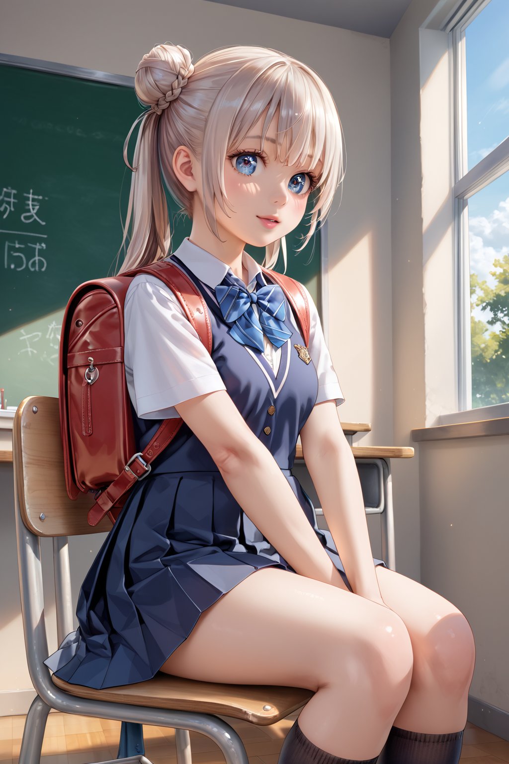 Student, high school, female, 17 years old, school uniform, backpack in hands, bun, bun hair, long hair, silky hair, neat hair, neat hair, light hair, double ponytail, beautiful, white skin, ((proportionate body;)), ((perfect body,)), ((fine features,)), ((detailed face,)), ((perfect skin,)), ((almond eyes,)), ((perfect eyes,)), classroom, chair, sitting, crossing her legs,  