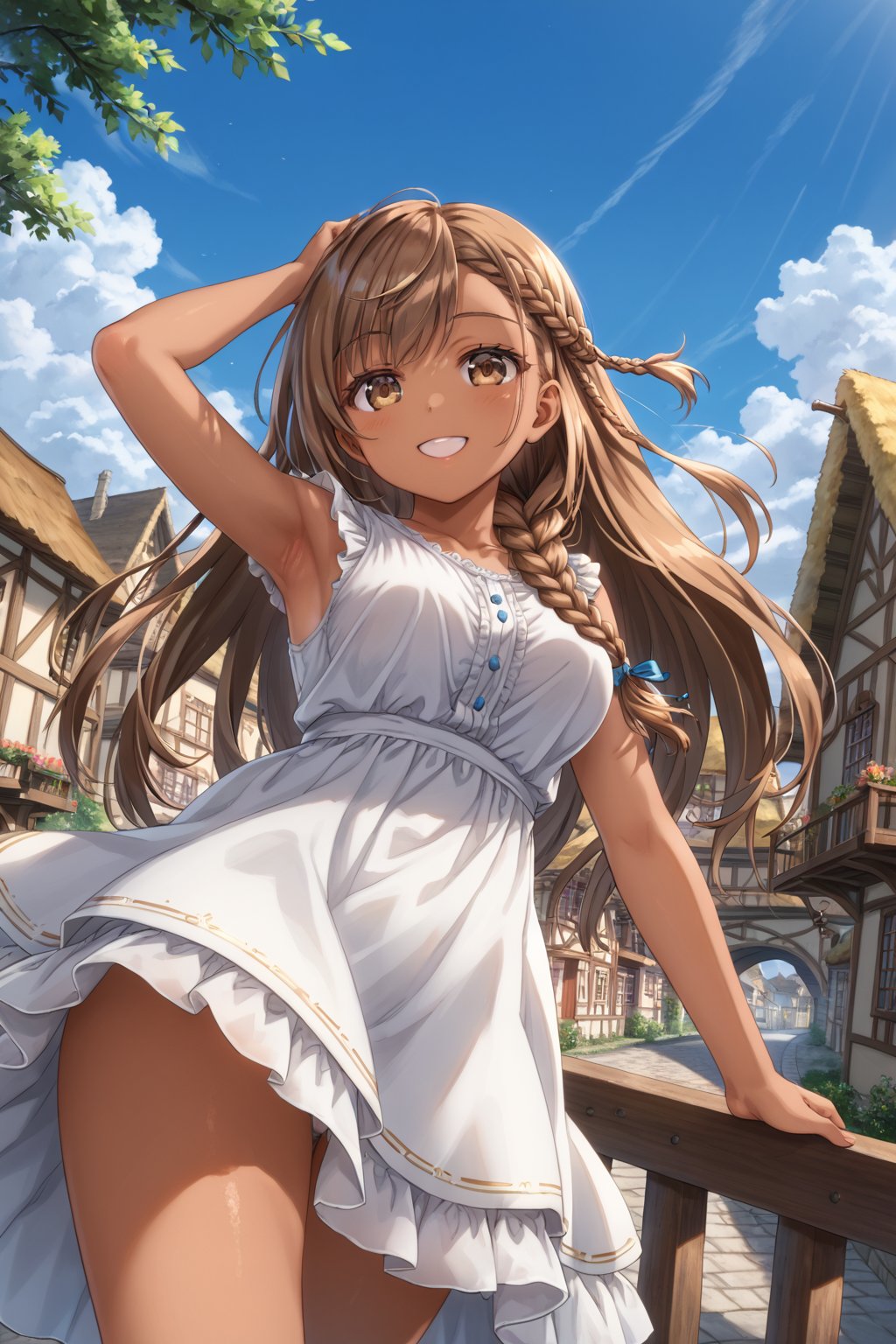 A woman, beautiful, 23 years old, village, bridge, hand on railing, wind, hair flying, hand stroking hair, cheerful, slight smile, /(bottom focus, focus from below, right profile,), /(copper hair, extremely long hair, topknot, right side braid, braid over shoulder, tanned skin, hazel eyes, light eyes,),