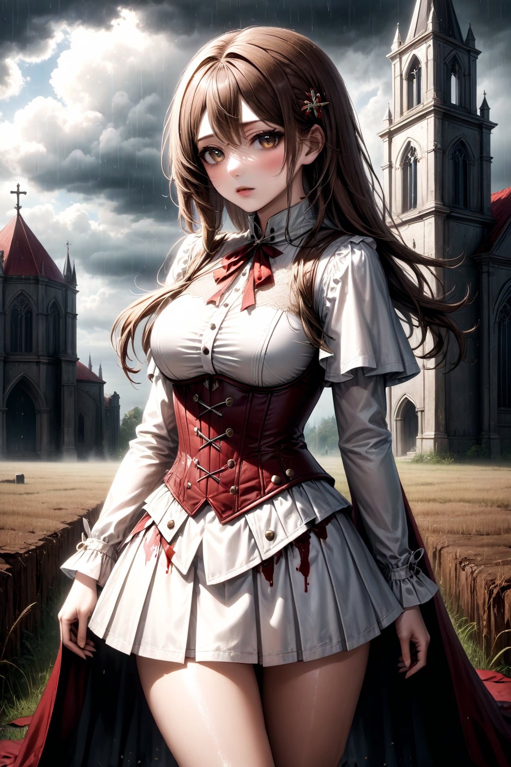 /(Woman, 18 years old, beautiful, sexy), (field, church, cloudy sky, rain,) /(blood on her clothes, corpses around, ruins,), /(sadistic, expressionless, indifferent,), /(proportionate body, large breasts, shapely legs, medium waist, medium hips, perfect hands, perfect face, perfect eyes,), /(hazel hair, long hair, white skin, brown eyes,), /(18th century style military clothing, thread-tied corset, hazel corset, white blouse, long sleeve blouse, lace blouse, hazel miniskirt, pleated miniskirt, white boots, thigh-high boots, boots held up by garters, metal mittens, metal knee pads, metal shoulder pads, cape, hair clip,),