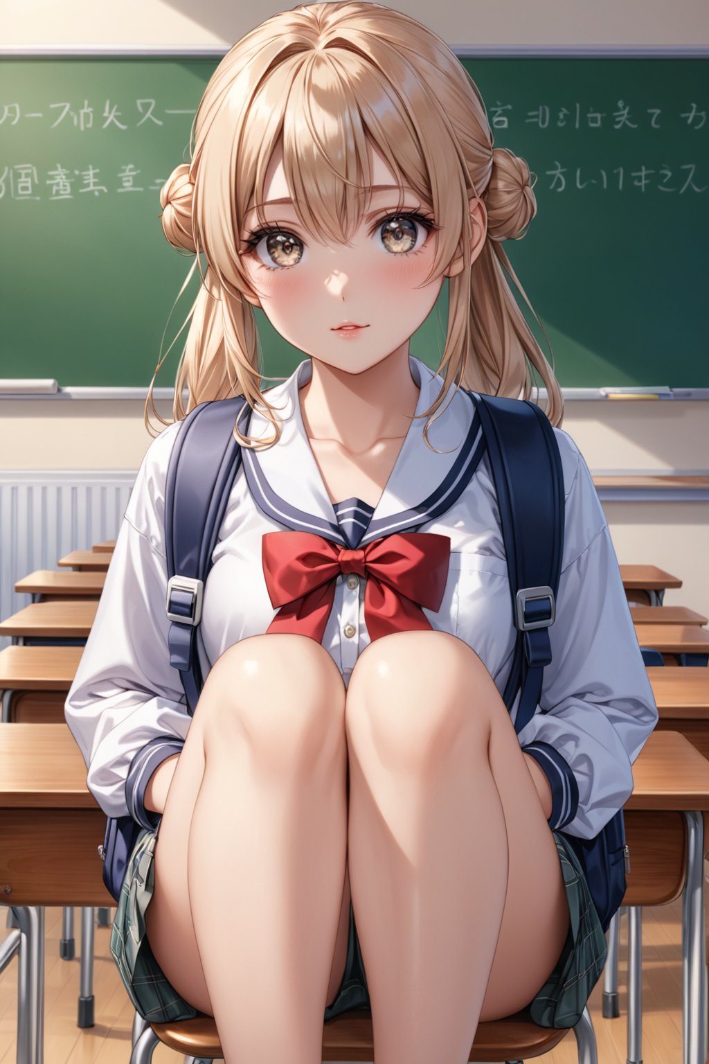 Student, high school, female, 17 years old, school uniform, backpack in hands, bun, bun hair, long hair, silky hair, neat hair, neat hair, light hair, double ponytail, beautiful, white skin, ((proportionate body;)), ((perfect body,)), ((fine features,)), ((detailed face,)), ((perfect skin,)), ((almond eyes,)), ((perfect eyes,)), classroom, chair, sitting, crossing her legs,  