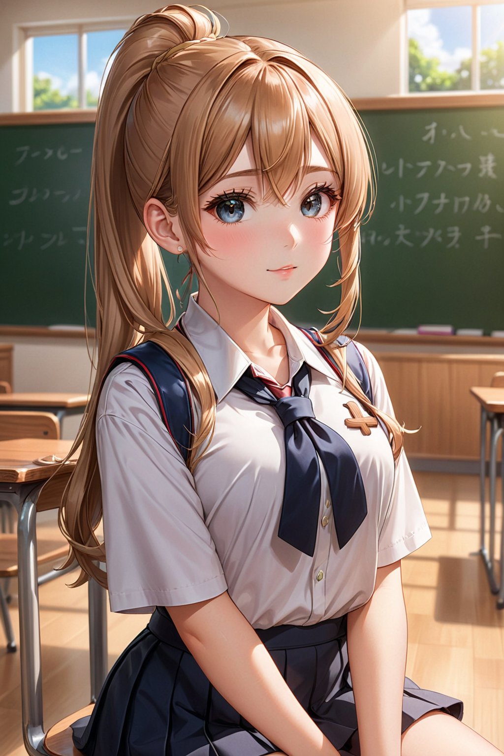 Student, high school, female, 17 years old, mature, beautiful, school uniform, bag in hands, bun, bun hair, long hair, silky hair, neat hair, light hair, ponytail, beautiful, fair skin, ((proportionate body;)), ((perfect body,)), ((fine features,)), ((detailed face,)), ((perfect skin,)), ((almond-shaped eyes,)), ((perfect eyes,)), classroom, chair, sitting, crossing her legs,