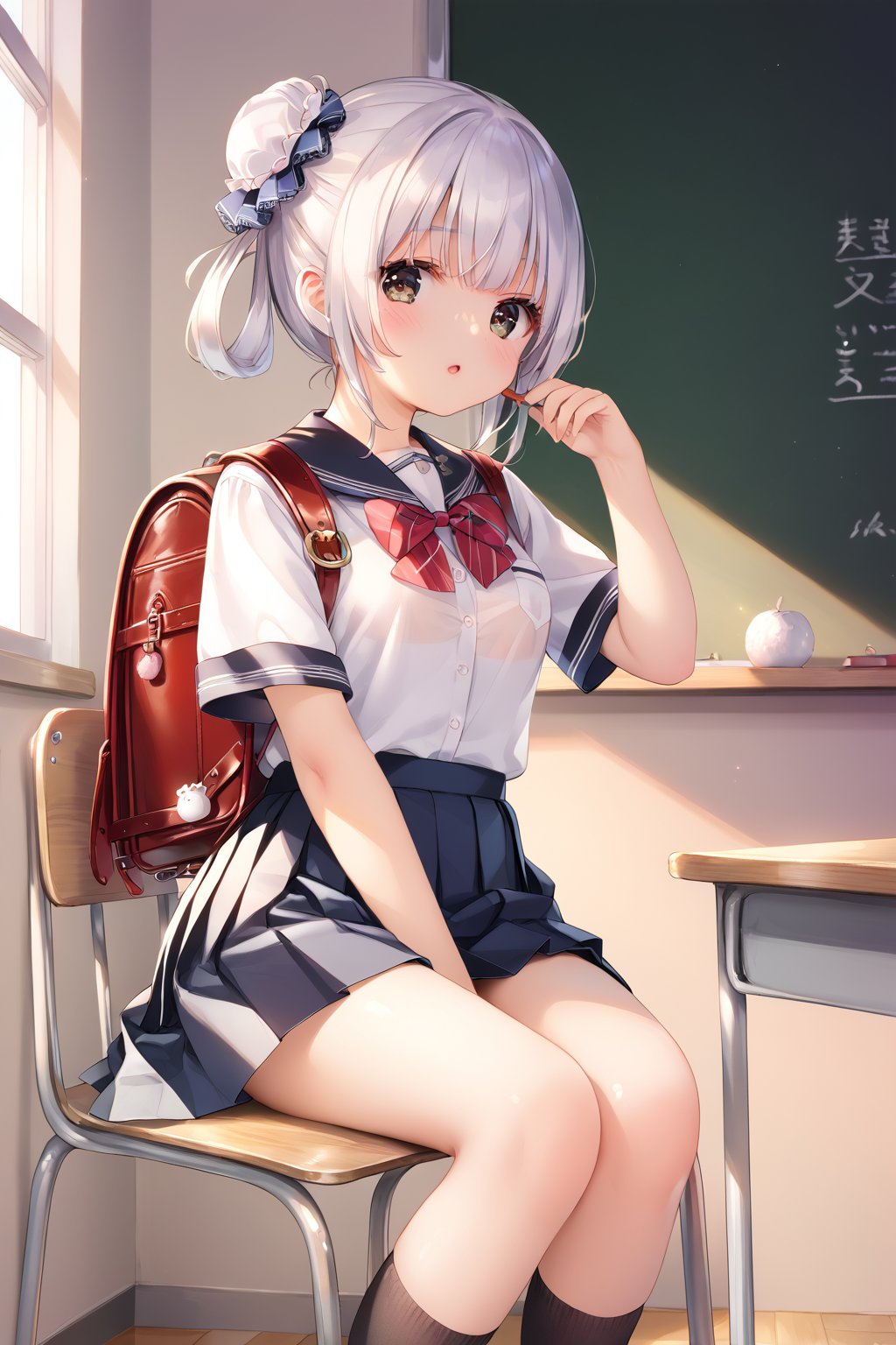 Student, high school, female, 17 years old, school uniform, backpack in hands, bun, bun hair, long hair, silky hair, neat hair, neat hair, light hair, double ponytail, beautiful, white skin, ((proportionate body;)), ((perfect body,)), ((fine features,)), ((detailed face,)), ((perfect skin,)), ((almond eyes,)), ((perfect eyes,)), classroom, chair, sitting, crossing her legs,  