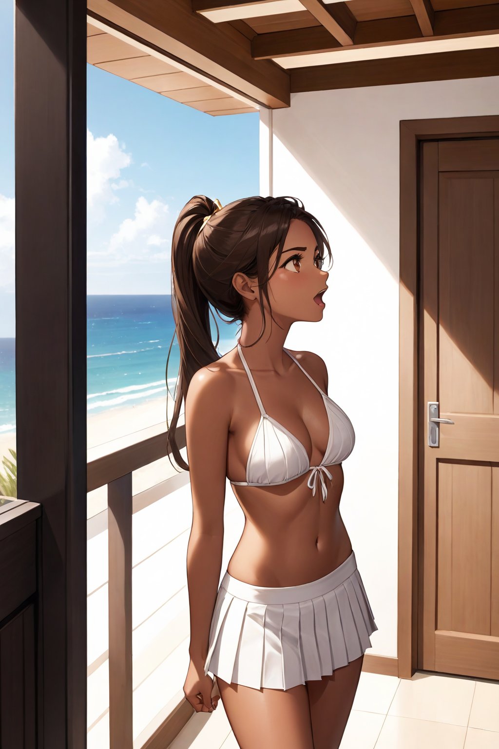 A beautiful woman, in her 20's, indifferent, annoyed, insensitive, in the hallway, in a beach house, mid-day, yelling, raising arm, commanding, in the direction of the sea, aerial view, top focus, looking up at the ceiling, /(tanned brown skin, extremely long straight dark brown hair combed into a ponytail, brown eyes,), /(Beachwear: short pleated skirt of light fabric, golden bikini, unbuttoned blouse, sandals,),