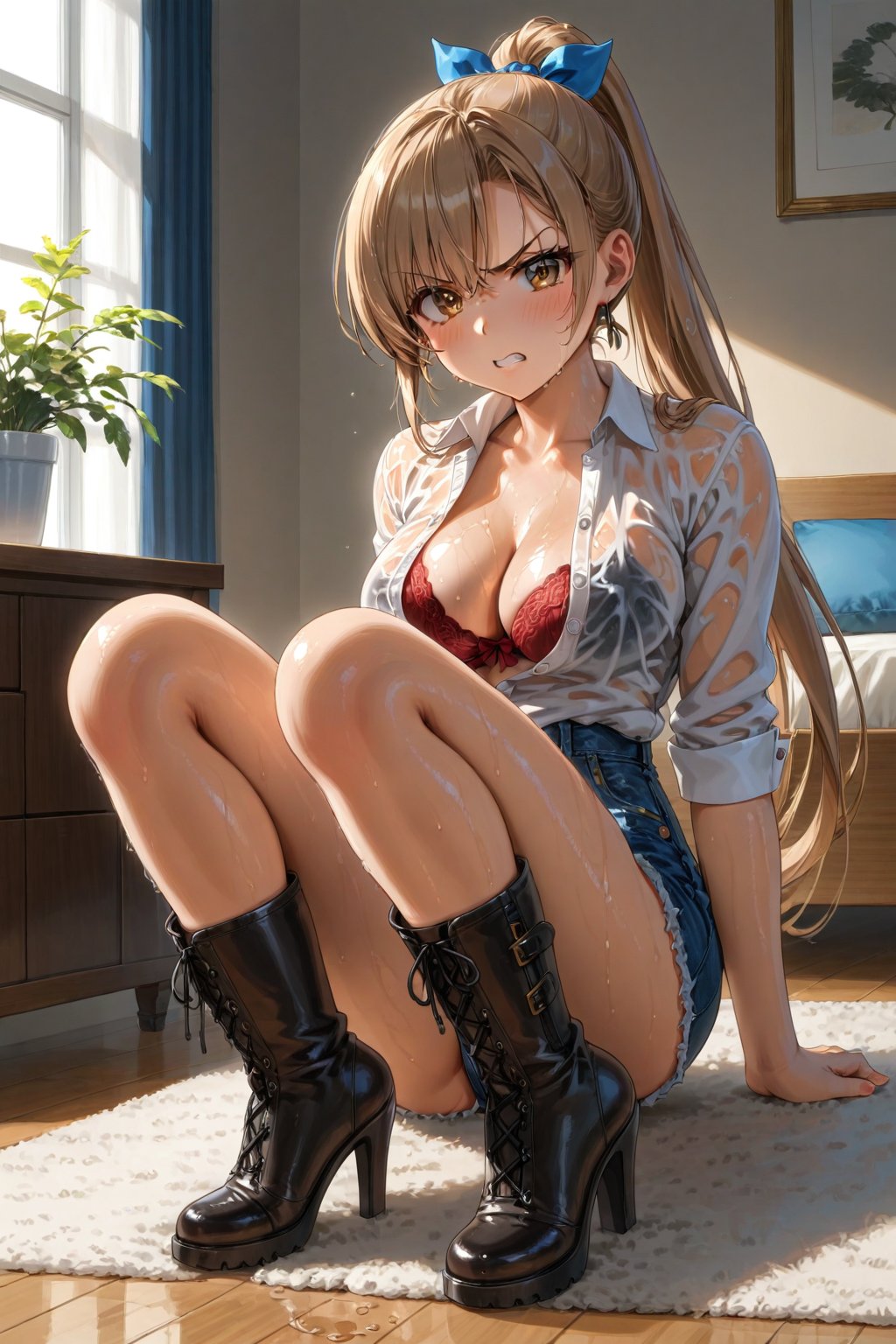 A beautiful woman, In her 20's, in her room, wet body, wet clothes, angry, clothes on the floor, sitting on a chair, crossing her legs, /(Mediterranean white skin, extremely long straight light brown hair combed in a ponytail, hazel almond eyes,), /(denim miniskirt, white short-sleeved V-neck blouse, knee-high leather boots,), /(shapely legs, athletic hourglass body, medium hips, medium waist, large chest), blouse translucent from water, blouse unbuttoned completely open revealing the bra underneath,