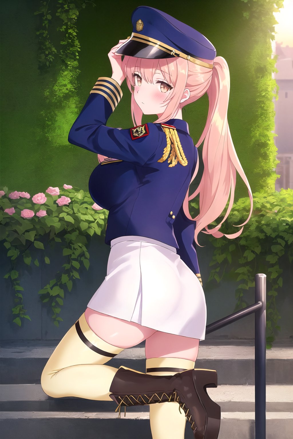 In a military academy, a beautiful female student, in an indoor garden, on a terrace, with her back to the railing, stroking her hair with her fingers, indifferent, blushing, looking at the viewer, slightly hunched back to the front, vines on the walls, festive atmosphere, dusk, sunset, /(extremely long straight hair pulled back in a ponytail, almond-shaped eyes, hourglass athletic body, large breasts, medium hip, medium waist, shapely legs, perfect fingers, Greek nose, perfect hands, triangular face,), /(military uniform: senior officer's military cap, white fitted V-neck blouse long sleeves, plain yellow fitted short skirt, pastel pink satin blazer with gold buttons and insignia on chest, dark yellow thigh-high stockings held up by garters, medium heeled military boots,),