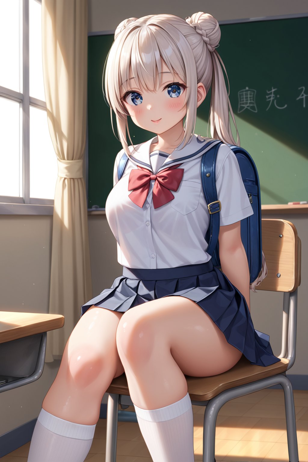 Student, high school, female, 17 years old, school uniform, backpack in hands, bun, bun hair, long hair, silky hair, neat hair, neat hair, light hair, double ponytail, beautiful, white skin, ((proportionate body;)), ((perfect body,)), ((fine features,)), ((detailed face,)), ((perfect skin,)), ((almond eyes,)), ((perfect eyes,)), classroom, chair, sitting, crossing her legs,  