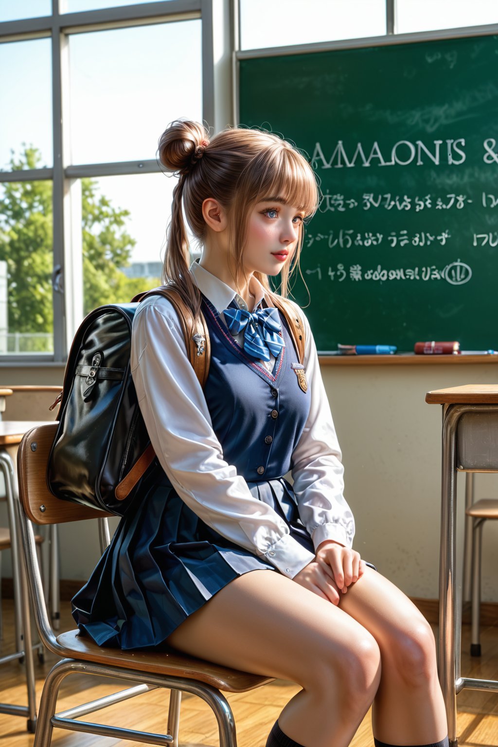 Student, high school, female, 17 years old, school uniform, backpack in hands, bun, bun hair, long hair, silky hair, neat hair, neat hair, light hair, double ponytail, beautiful, white skin, ((proportionate body;)), ((perfect body,)), ((fine features,)), ((detailed face,)), ((perfect skin,)), ((almond eyes,)), ((perfect eyes,)), classroom, chair, sitting, crossing her legs,  