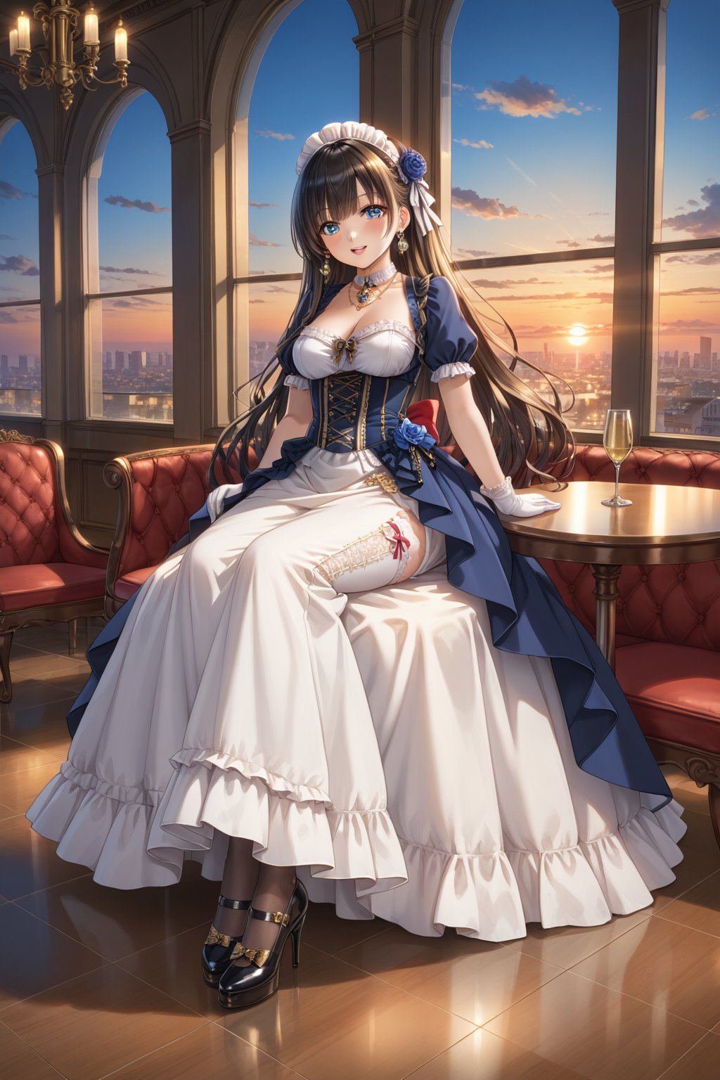 A beautiful woman, elegant, refined, anime-inspired uniform, Victorian style, demure, long skirt, blouse, stockings, gloves, bow in her hair, extremely long hair tied up, light skin, patent leather shoes, necklace, brooch on the hair, gold jewelry, restaurant, sunset, sitting in a chair, crossing legs, on one side of the window, high floor, city in the background,