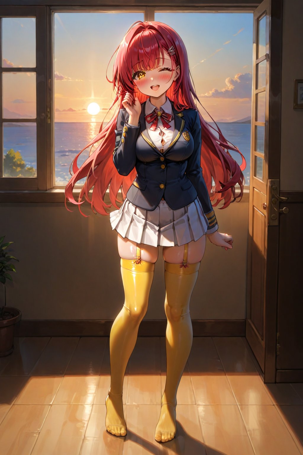 In a private school for women, a beautiful female student, in the dormitory, in her room, with her back to the door, stroking her hair with her fingers, winking, blushing, looking at the viewer, slightly hunched back, simple decoration, feminine atmosphere, sunset, sunlight penetrating through the window, /(extremely long straight hair, almond-shaped eyes, proportionate body, hourglass-shaped athletic body, big chest, shapely legs, medium waist, medium hips, perfect hands, perfect face, perfect eyes, perfect feet, perfect fingers, perfect nose, perfect face,), /(uniform: white V-neck blouse long sleeve, pink pleated mini skirt, yellow satin blazer with gold buttons, yellow thigh-high stockings held up by garters,),