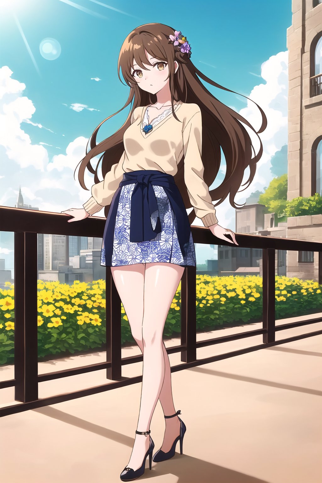 A beautiful woman, 23 years old, on a terrace, standing, leaning her arms on the railing, hunching her back, on her back, focus on her back, contemplating the landscape, a sunny day, wind bumping against her clothes and hair, /(white skin, extremely long light brown hair, honey hazel eyes,), /(casual clothes: blue light fabric mini skirt with flower patterns, white V-neck blouse, beige unbuttoned worsted sweater, black stiletto heels, flower brooch in hair,), /(shapely legs, hourglass athletic body, medium hips, medium waist, big chest,),