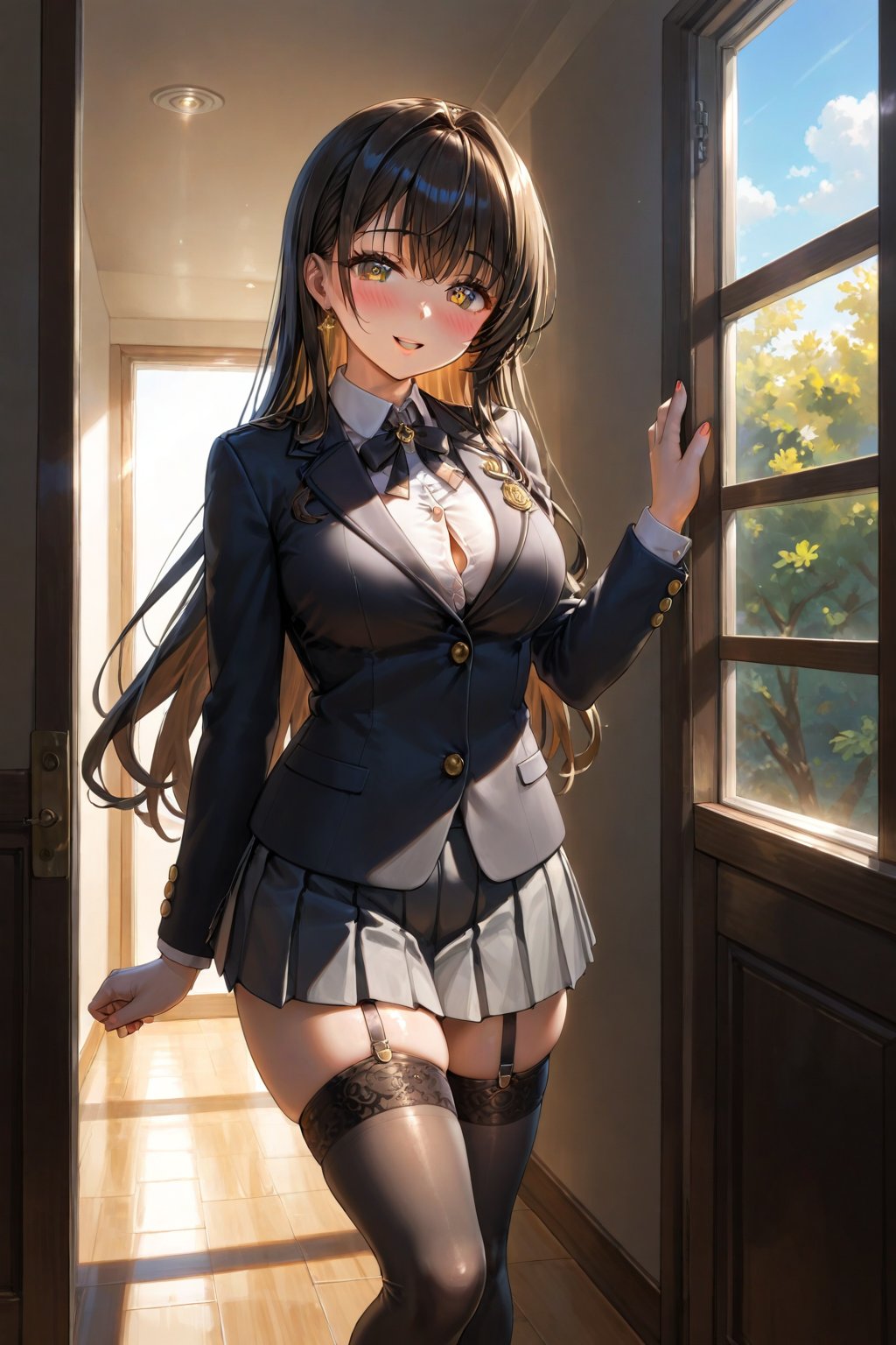 In a private school for women, a beautiful female student, in the dormitory, in her room, with her back to the door, stroking her hair with her fingers, winking, blushing, looking at the viewer, slightly hunched back, simple decoration, feminine atmosphere, sunset, sunlight penetrating through the window, /(extremely long straight hair, almond-shaped eyes, proportionate body, hourglass-shaped athletic body, big chest, shapely legs, medium waist, medium hips, perfect hands, perfect face, perfect eyes, perfect feet, perfect fingers, perfect nose, perfect face,), /(uniform: white V-neck blouse long sleeves, gray pleated mini skirt, black satin blazer with gold buttons, black thigh-high stockings held up by garters,),