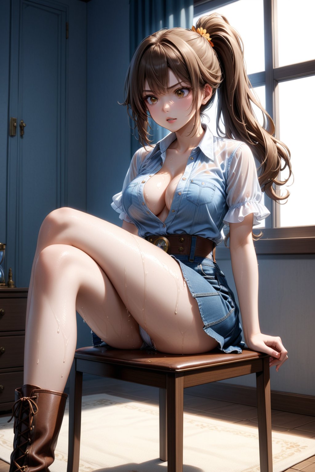 A beautiful woman, In her 20's, in her room, wet body, wet clothes, angry, clothes on the floor, sitting on a chair, crossing her legs, /(Mediterranean white skin, extremely long straight light brown hair combed in a ponytail, hazel almond eyes,), /(denim miniskirt, white short-sleeved V-neck blouse, knee-high leather boots,), /(shapely legs, athletic hourglass body, medium hips, medium waist, large chest), blouse translucent from water, blouse unbuttoned completely open revealing the bra underneath,