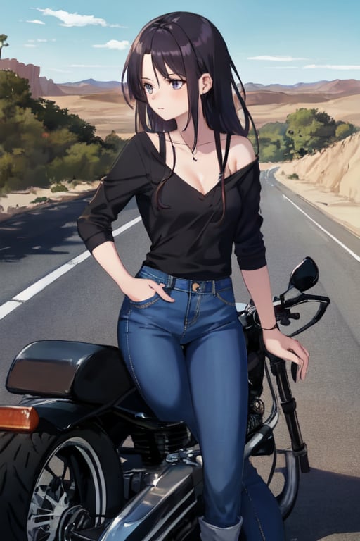A beautiful girl, 19 years old, on the street, slender body, long hair, fitted clothes, hip-length jeans, V-neck top, nonchalant, looking to the side over her shoulder, midday, on the road, in a desert, riding a motorcycle,