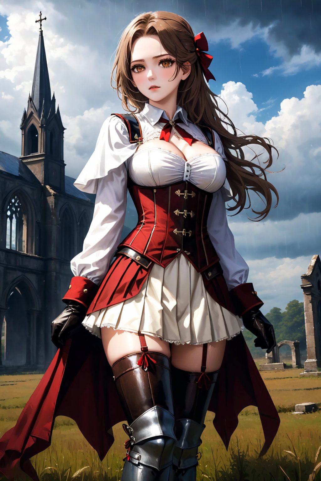 /(Woman, 18 years old, beautiful, sexy), (field, church, cloudy sky, rain,) /(blood on her clothes, corpses around, ruins,), /(sadistic, expressionless, indifferent,), /(proportionate body, large breasts, shapely legs, medium waist, medium hips, perfect hands, perfect face, perfect eyes,), /(hazel hair, long hair, white skin, brown eyes,), /(18th century style military clothing, thread-tied corset, hazel corset, white blouse, long sleeve blouse, lace blouse, hazel miniskirt, pleated miniskirt, white boots, thigh-high boots, boots held up by garters, metal mittens, metal knee pads, metal shoulder pads, cape, hair clip,),