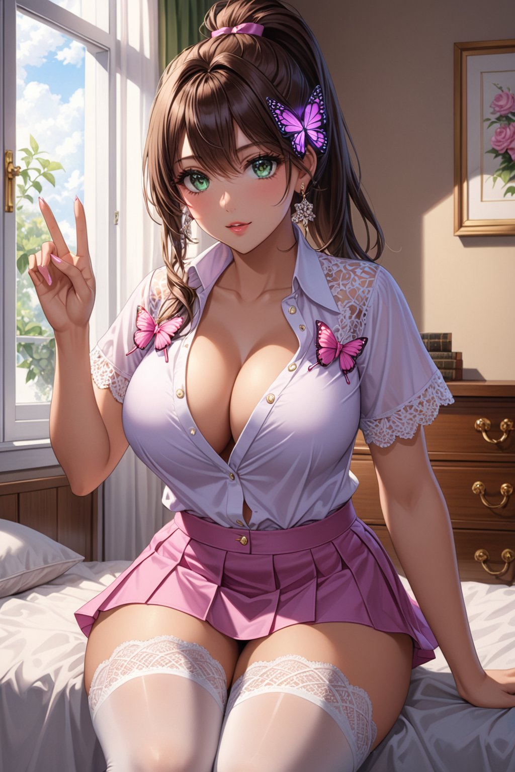 In they room, model women girl, big chest, tanned skin, green eyes and long brown hair tied in a ponytail, sexi pose, massive chest, (beige V-neck blouse completely open unbuttoned almost showing her big chest under the blouse with lace and neckline, pink mini-skirt with pleats and butterfly patterns, white knee-high stockings with diamond patterns, purple bow), (((perfect high detailed hands, perfect high detailed fingers, beautiful face, high detailed perfect eyes, perfect detailed beautiful full body))),