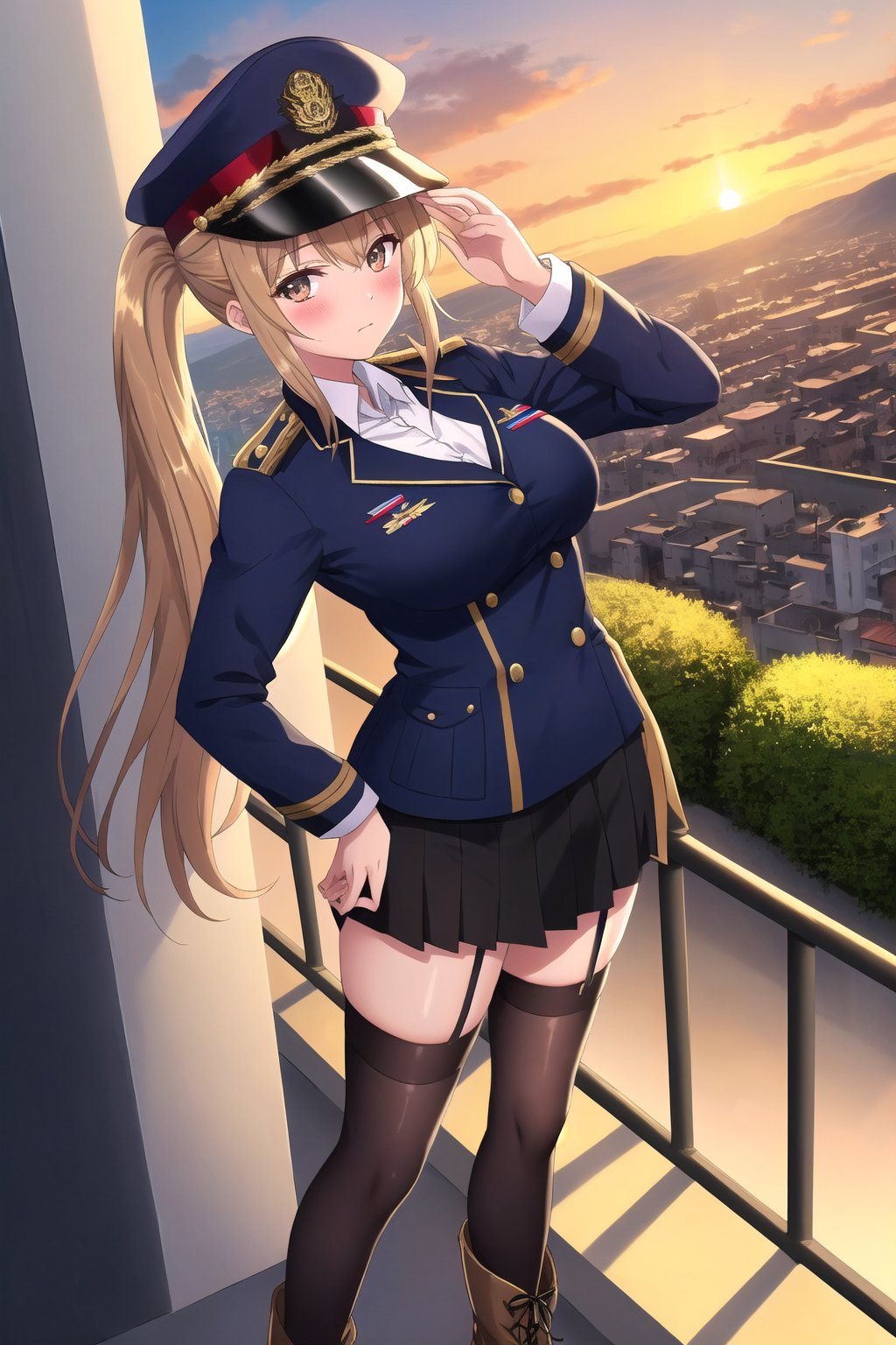 In a military academy, a beautiful female student, in an indoor garden, on a terrace, with her back to the railing, stroking her hair with her fingers, indifferent, blushing, looking at the viewer, slightly hunched back to the front, vines on the walls, festive atmosphere, dusk, sunset, /(extremely long straight hair pulled back in a ponytail, almond-shaped eyes, hourglass athletic body, large breasts, medium hip, medium waist, shapely legs, perfect fingers, Greek nose, perfect hands, triangular face,), /(military uniform: senior officer's military cap, white fitted V-neck blouse long sleeves, short plain black fitted skirt, jet black satin blazer with gold buttons and insignia on chest, black thigh-high stockings held up by garters, medium heeled military boots,),