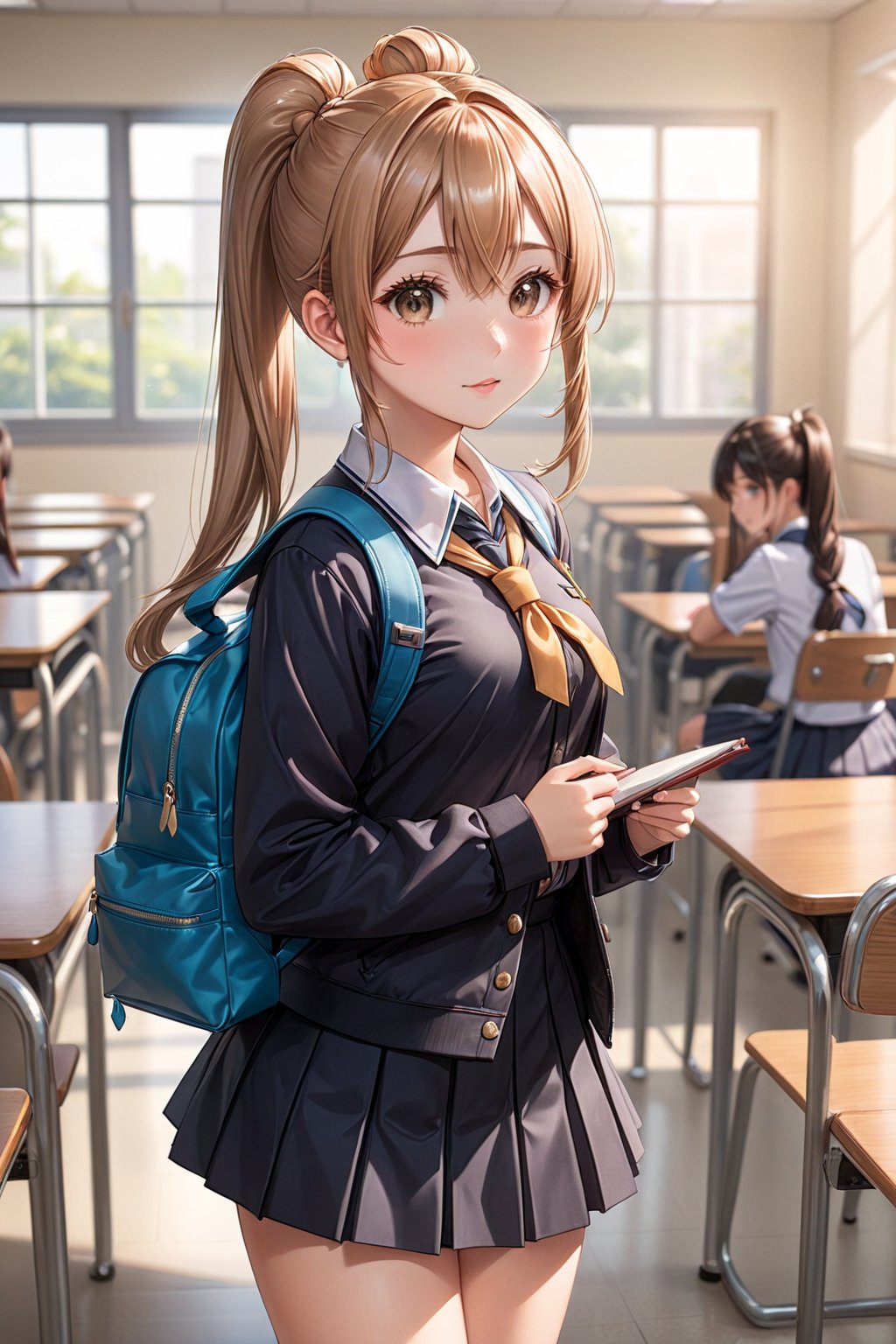 Student, high school, female, 17 years old, school uniform, backpack in hands, bun, bun hair, long hair, silky hair, neat hair, neat hair, light hair, double ponytail, beautiful, white skin, ((proportionate body;)), ((perfect body,)), ((fine features,)), ((detailed face,)), ((perfect skin,)), ((almond eyes,)), ((perfect eyes,)), classroom, chair, sitting, crossing her legs,  