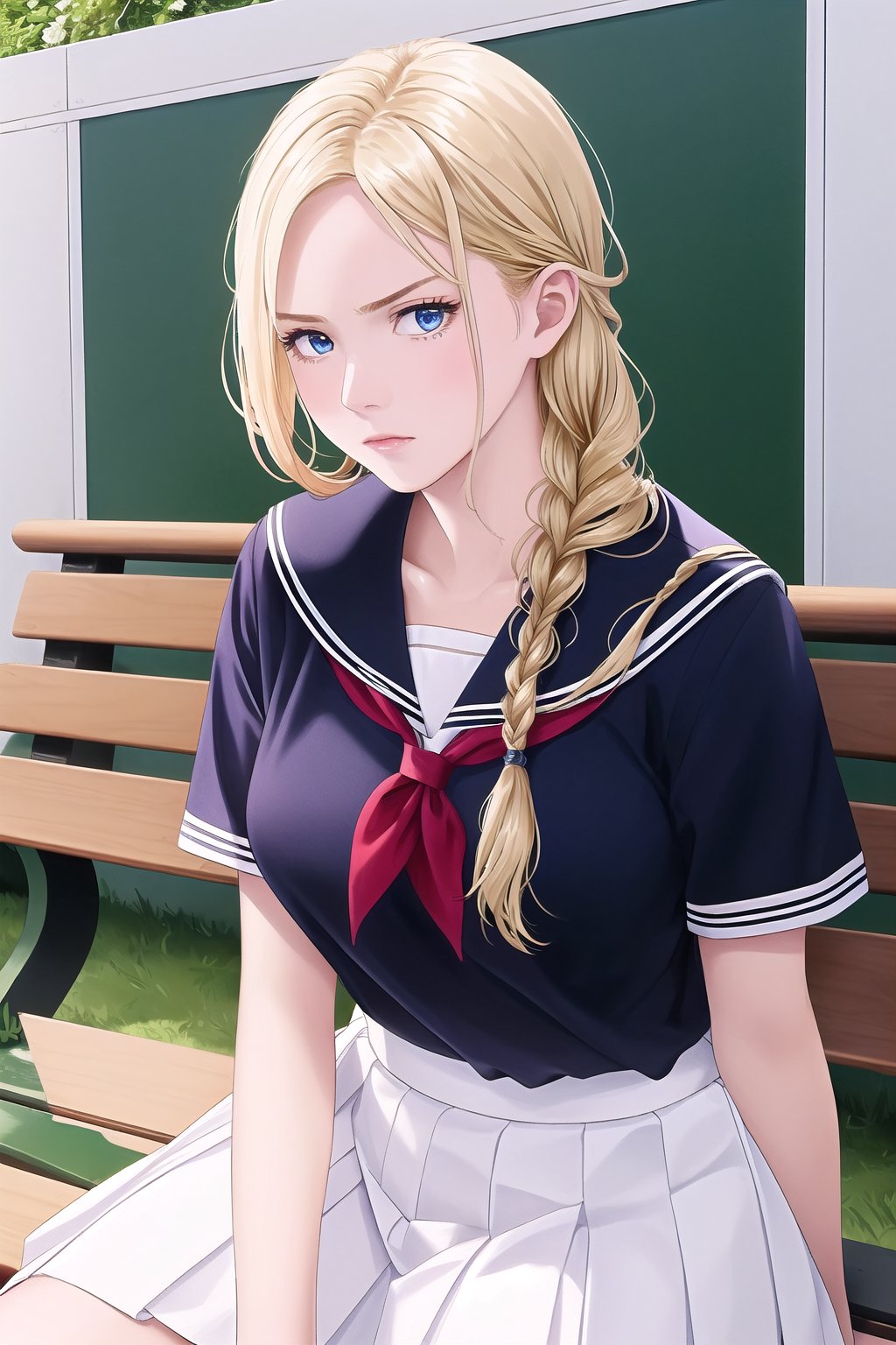 At a prestigious private school, sitting on a bench in the hallways, /(perfect and detailed hands, highly detailed and perfect fingers, perfect and detailed triangular face, beautiful, perfectly proportioned and highly detailed body,), /(a beautiful women, high school at a very prestigious private school in Mexico, 17 years old,), /(serious expression on his face, long golden blond hair braided in a braid, white skin, with perfect and detailed blue eyes), /(High-cost, luxurious school uniform: white V-neck blouse with short sleeves, long white skirt with pleats and green square patterns),