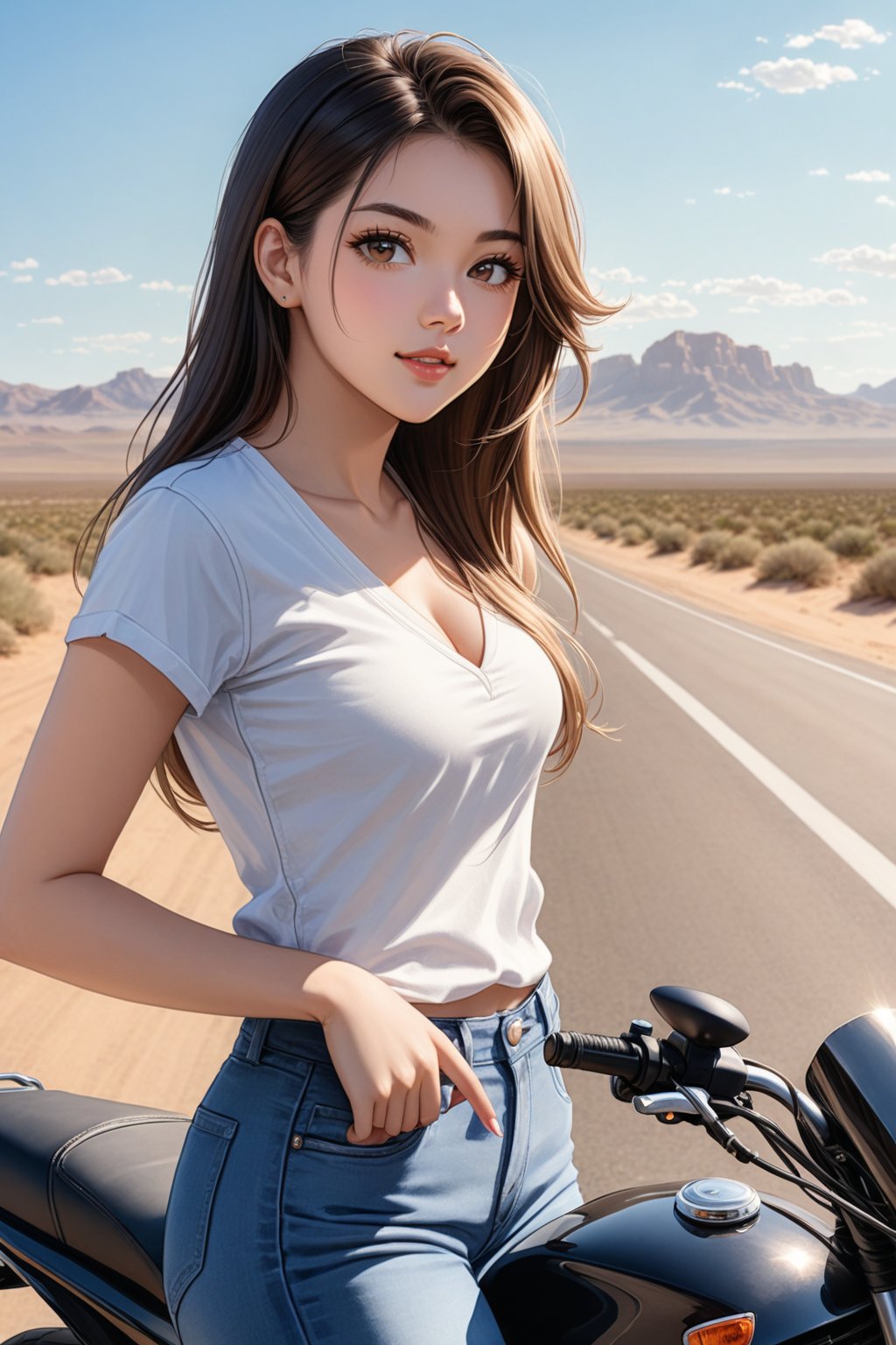 A beautiful girl, 19 years old, on the street, slender body, long hair, fitted clothes, hip-length jeans, V-neck top, nonchalant, looking to the side over her shoulder, midday, on the road, in a desert, riding a motorcycle,