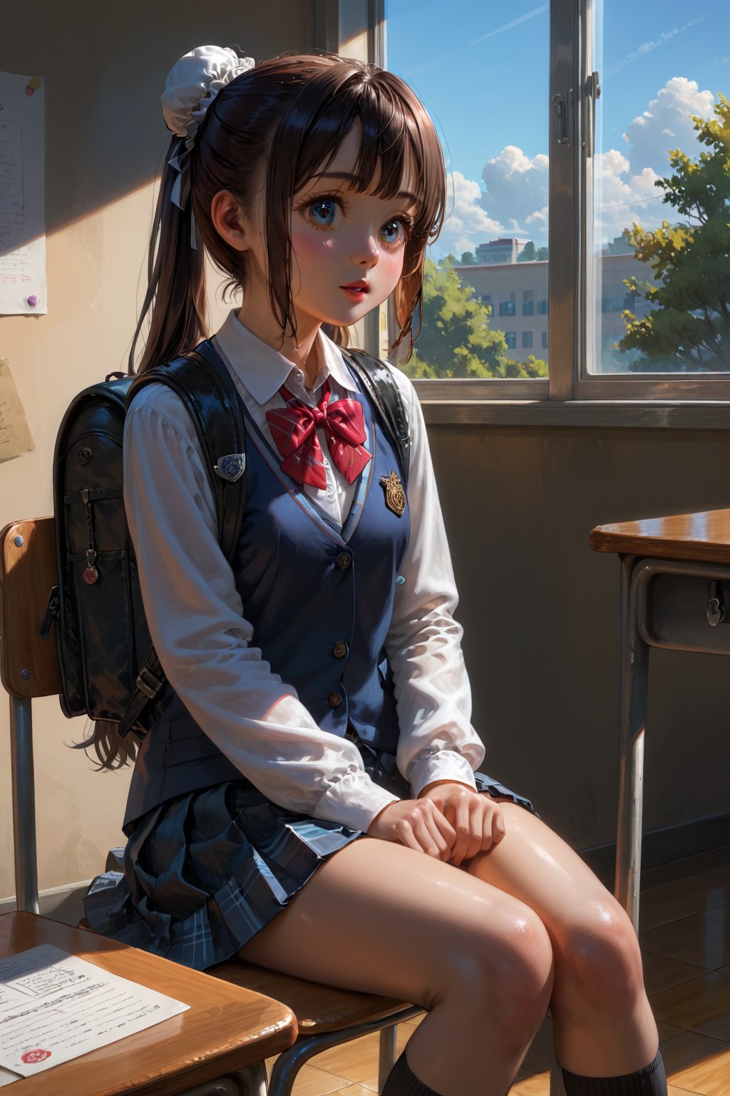 Student, high school, female, 17 years old, school uniform, backpack in hands, bun, bun hair, long hair, silky hair, neat hair, neat hair, light hair, double ponytail, beautiful, white skin, ((proportionate body;)), ((perfect body,)), ((fine features,)), ((detailed face,)), ((perfect skin,)), ((almond eyes,)), ((perfect eyes,)), classroom, chair, sitting, crossing her legs,  