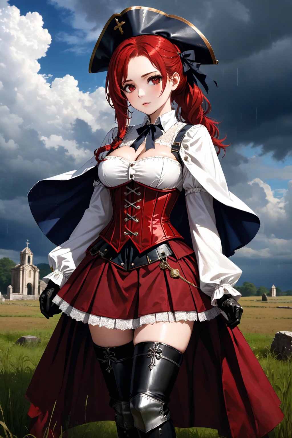 /(Woman, 18 years old, beautiful, sexy), (field, church, cloudy sky, rain,) /(blood on her clothes, corpses around, ruins,), /(sadistic, expressionless, indifferent,), /(proportionate body, large breasts, shapely legs, medium waist, medium hips, perfect hands, perfect face, perfect eyes,), /(red hair, long hair, ponytailed hair, white skin, honey eyes,), /(18th century style military clothing, thread-tied corset, red corset, white blouse, long sleeve blouse, lace blouse, red mini skirt, pleated mini skirt, white boots, thigh-high boots, boots held up by garters, metal mittens, metal knee pads, metal shoulder pads, cape, hair pin,),