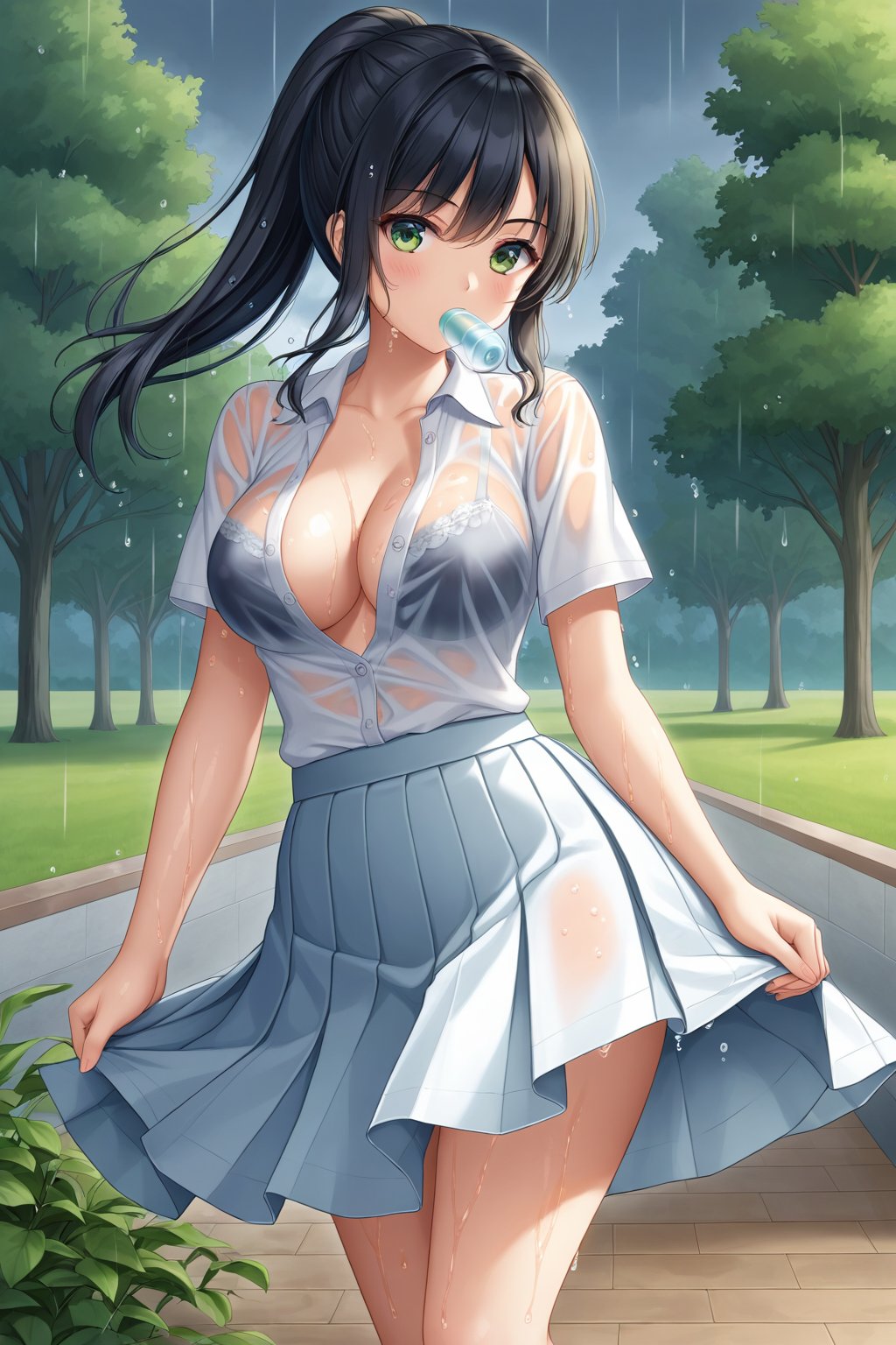 A beautiful young woman, 26 years old, in the park, under the rain, blouse, unbuttoned blouse, wet blouse, translucent blouse, fitted pleated short skirt, dusk, wind blowing, black hair, ponytail, topaz green eyes, white skin, serious, nonchalant,