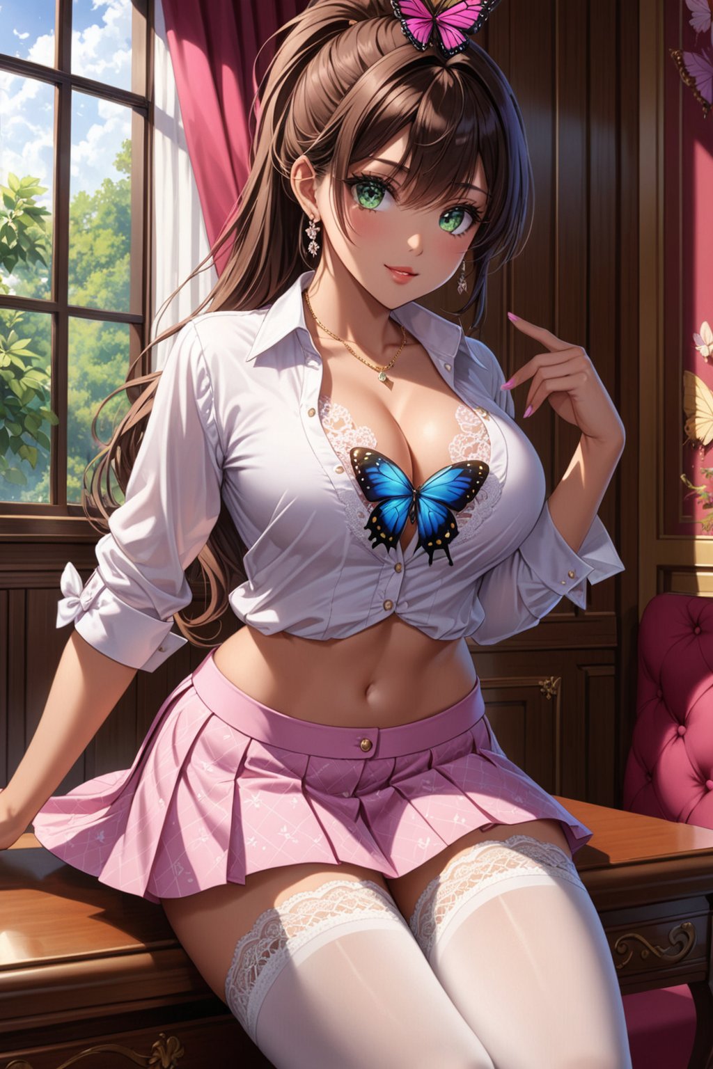 In they room, model women girl, big chest, tanned skin, green eyes and long brown hair tied in a ponytail, sexi pose, massive chest, (beige V-neck blouse completely open unbuttoned almost showing her big chest under the blouse with lace and neckline, pink mini-skirt with pleats and butterfly patterns, white knee-high stockings with diamond patterns, purple bow), (((perfect high detailed hands, perfect high detailed fingers, beautiful face, high detailed perfect eyes, perfect detailed beautiful full body))),