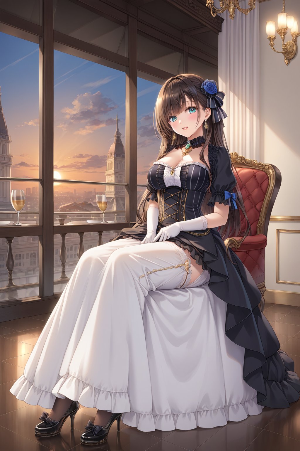 A beautiful woman, elegant, refined, anime-inspired uniform, Victorian style, demure, long skirt, blouse, stockings, gloves, bow in her hair, extremely long hair tied up, light skin, patent leather shoes, necklace, brooch on the hair, gold jewelry, restaurant, sunset, sitting in a chair, crossing legs, on one side of the window, high floor, city in the background,