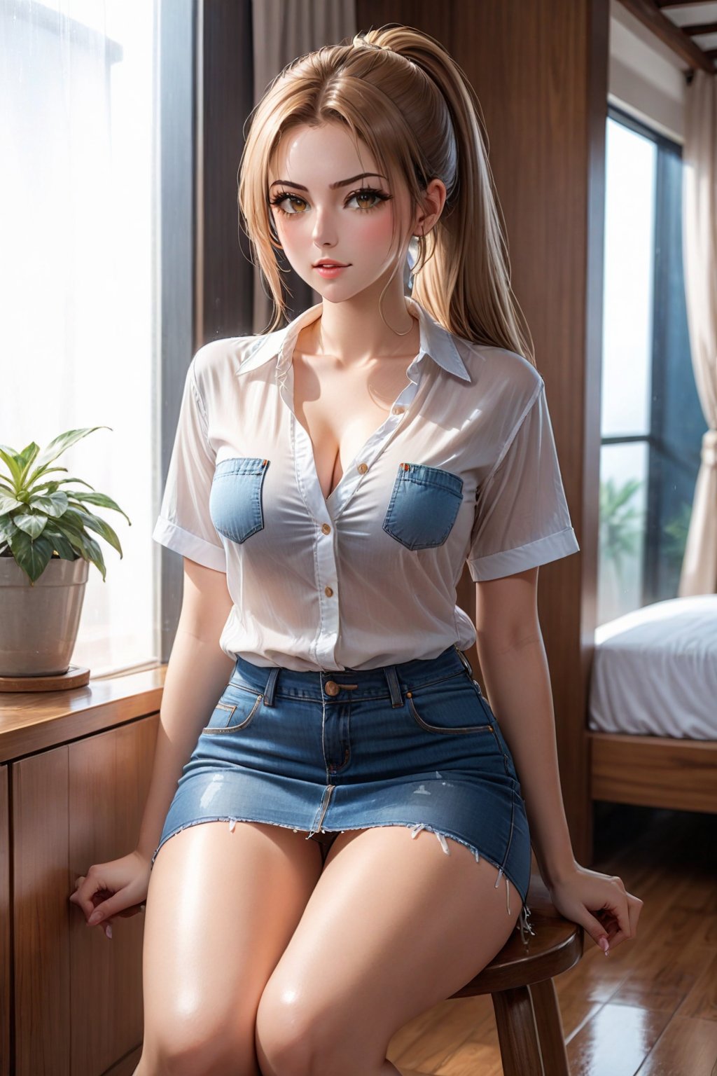 A beautiful woman, In her 20's, in her room, wet body, wet clothes, angry, clothes on the floor, sitting on a chair, crossing her legs, /(Mediterranean white skin, extremely long straight light brown hair combed in a ponytail, hazel almond eyes,), /(denim miniskirt, white short-sleeved V-neck blouse, knee-high leather boots,), /(shapely legs, athletic hourglass body, medium hips, medium waist, large chest), blouse translucent from water, blouse unbuttoned completely open revealing the bra underneath,