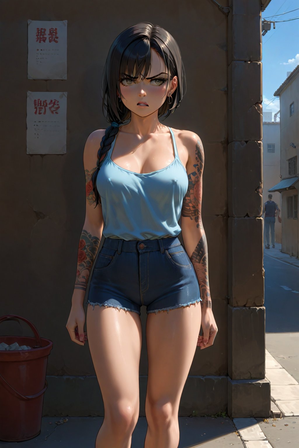 A beautiful girl, 19 years old, on the street, slender body, long hair, miniskirt, low-cut top blouse, tattoos on arms and legs, indifferent, angry, looking to the side over her shoulder, midday, in a lonely alley,