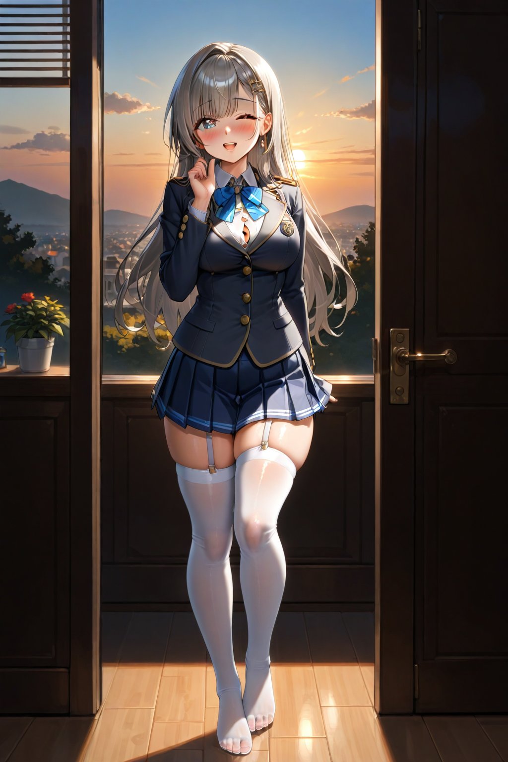 In a private school for women, a beautiful female student, in the dormitory, in her room, with her back to the door, stroking her hair with her fingers, winking, blushing, looking at the viewer, slightly hunched back, simple decoration, feminine atmosphere, sunset, sunlight penetrating through the window, /(extremely long straight hair, almond-shaped eyes, proportionate body, hourglass-shaped athletic body, big chest, shapely legs, medium waist, medium hips, perfect hands, perfect face, perfect eyes, perfect feet, perfect fingers, perfect nose, perfect face,), /(uniform: white V-neck blouse long sleeve, topaz blue pleated mini skirt, light gray satin blazer with gold buttons, light gray thigh-high stockings held up by garters,),