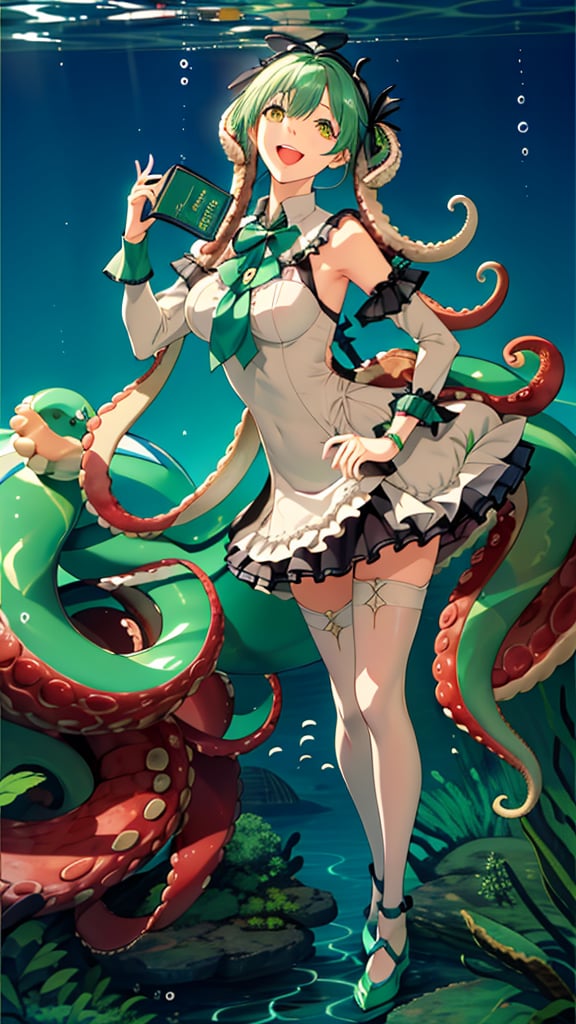 1 girl, alone, hair made entirely of octopus tentacles, including twin tentacle pigtails, smiling with an open mouth, tentacle bangs, white thighs, green dress with ruffles and loose sleeves, bow, full body, standing, green and yellow eyes, very long and abundant green tentacles, wings, green shoes, crossed arms, visible armpits, holding a book and a microphone, bubbles around, underwater theme, ribbon on the leg, singing, Cthulhu