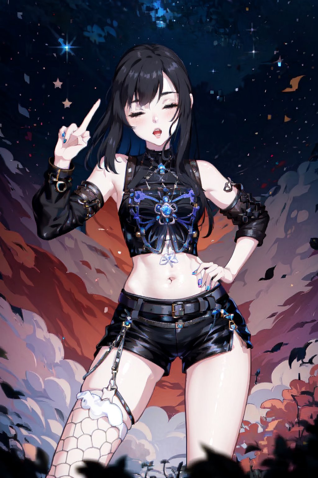 Ava00 (Eva00) is a Japanese idol Vtuber passionate about video games and Vocaloids. She loves to sing and share magical moments with her audience. With her long black hair adorned and her bright blue eyes, Ava00 captures everyone's attention. Her style is unique to her: she wears a crop top that leaves her shoulders exposed, black denim shorts, black fishnet stockings and short black boots size 40.

In addition to her musical talent, Ava00 stands out for her charisma and energy on stage, always interacting with her fans in a close and authentic way. She is often seen with one eye closed and one hand on her hip, leaning forward and pointing with one finger, with her head slightly tilted and in a contrapposto stance with her legs spread. Her provocative look and outfit sometimes include elements of animal costumes and school tights, adding a touch of whimsy to her presence.

Ava00 is known for her ability to create unforgettable moments in her streams, combining her love for music and video games with her charming personality and distinctive appearance.